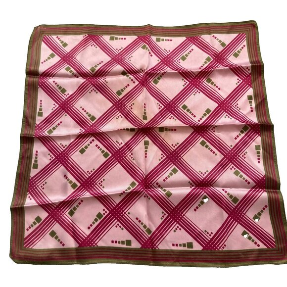 Vintage Geometric Scarf 100% Acetate Pink Tan Green Burgundy Italian 1960's - Picture 1 of 10